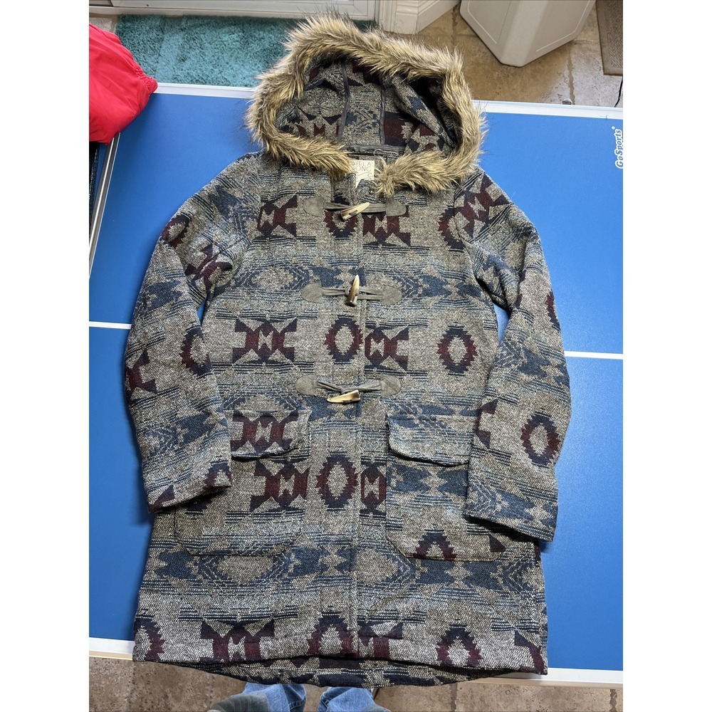 Billabong Coat Wool Blend‎ Jacket Western Aztec Fur Hood Hoodie Womens Medium
